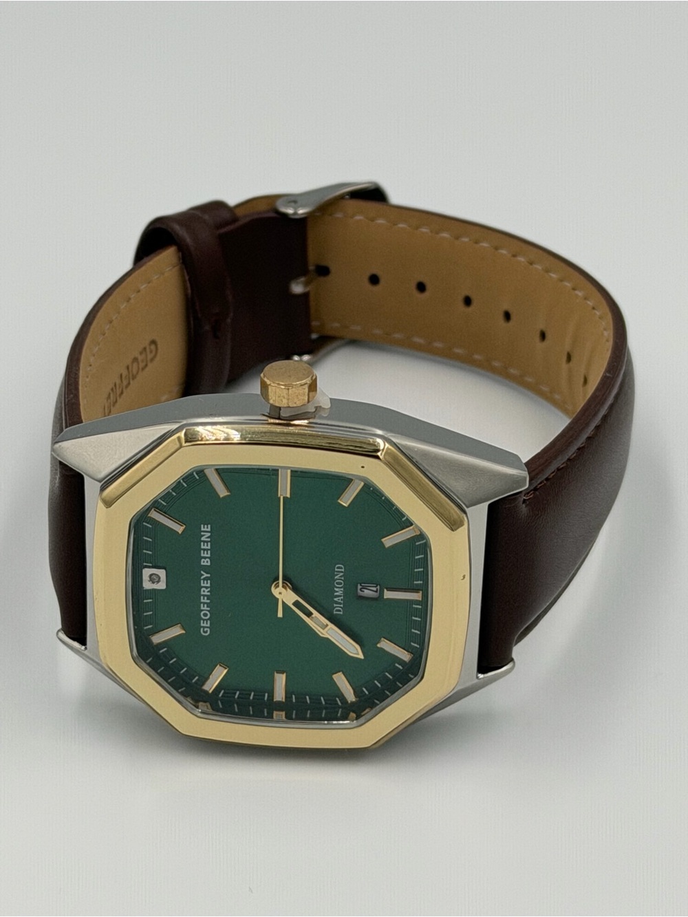 Geoffrey Beene Men’s Diamond Green Dial Two-Tone Watch Brown Leather Strap - Picture 5 of 5